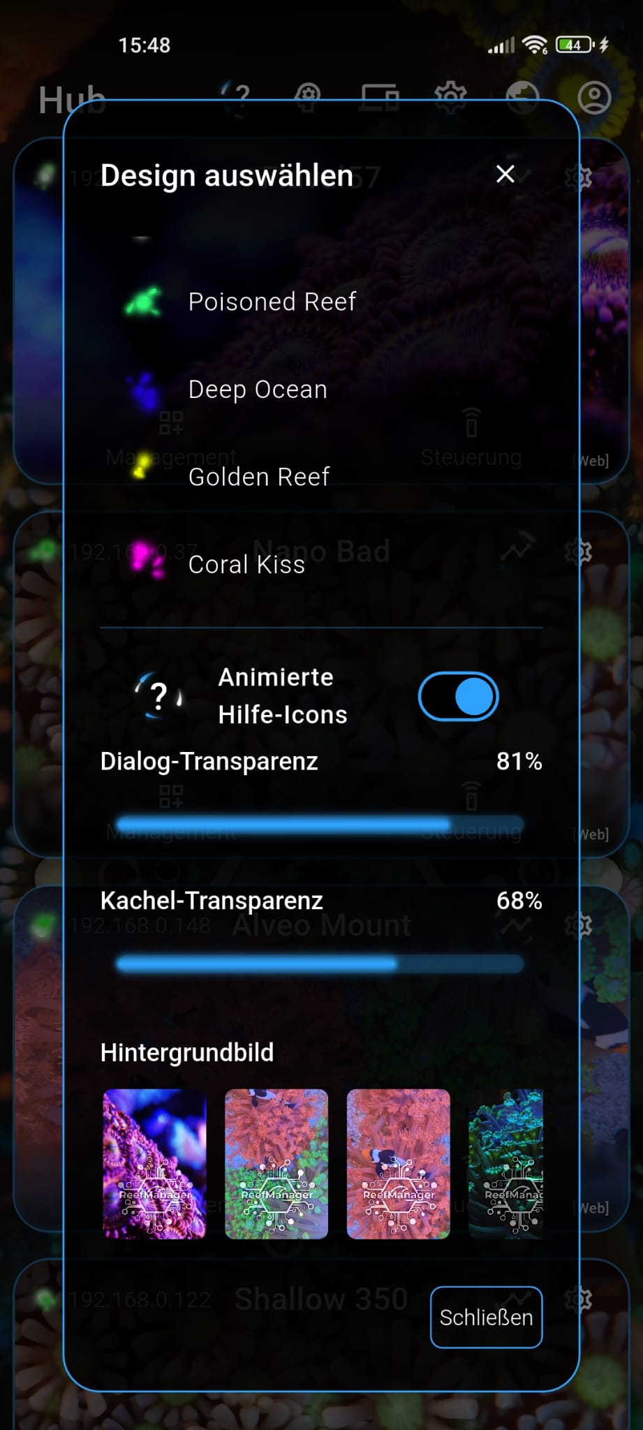Screenshot of the design settings