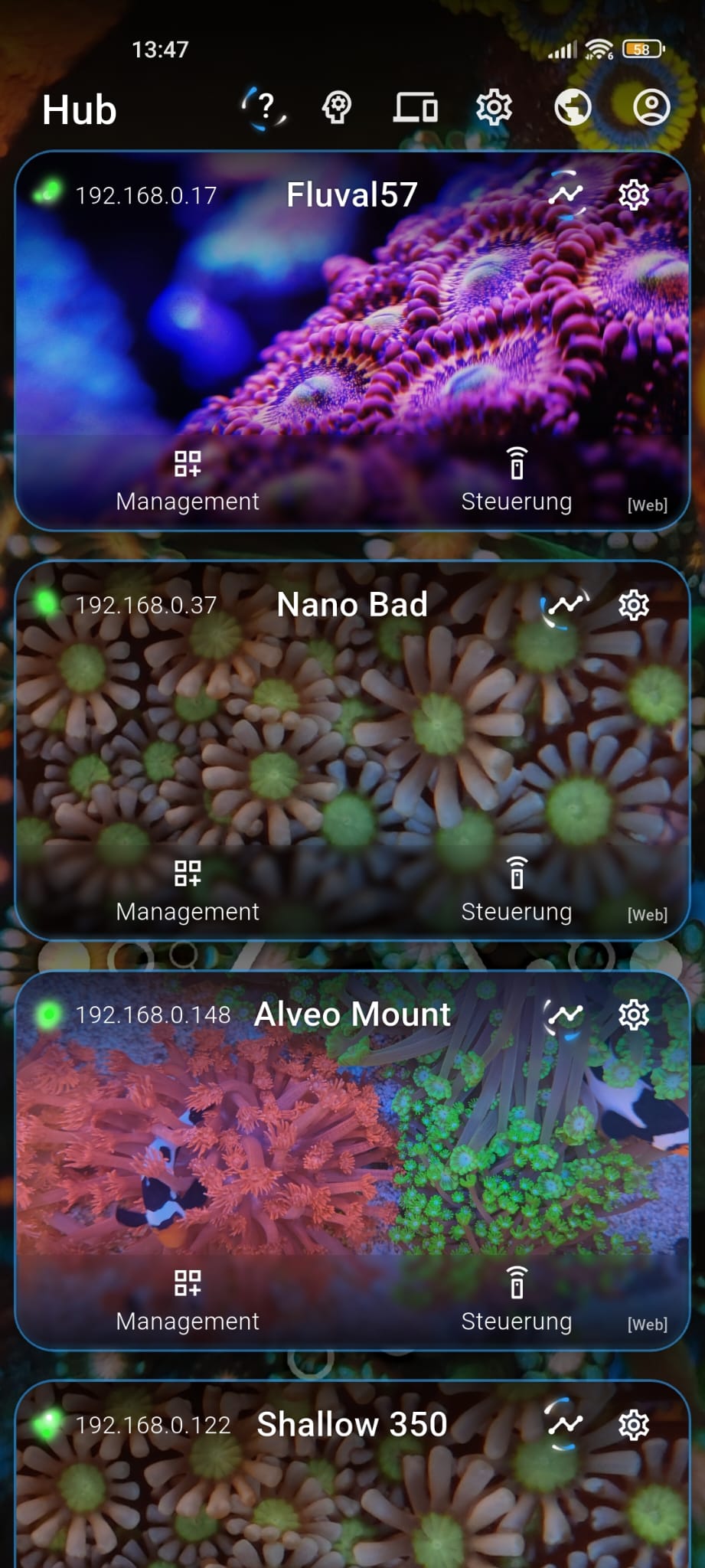 Screenshot of the aquarium selection
