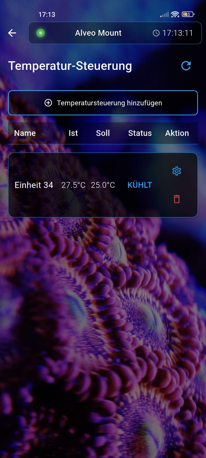 Screenshot of the temperature control